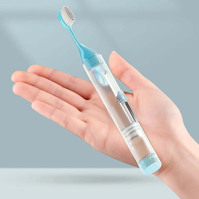 Portable 3-in-1 toothbrush for on-the-go oral care, combining a toothbrush, toothpaste dispenser, and storage in one compact design for convenience and hygiene.