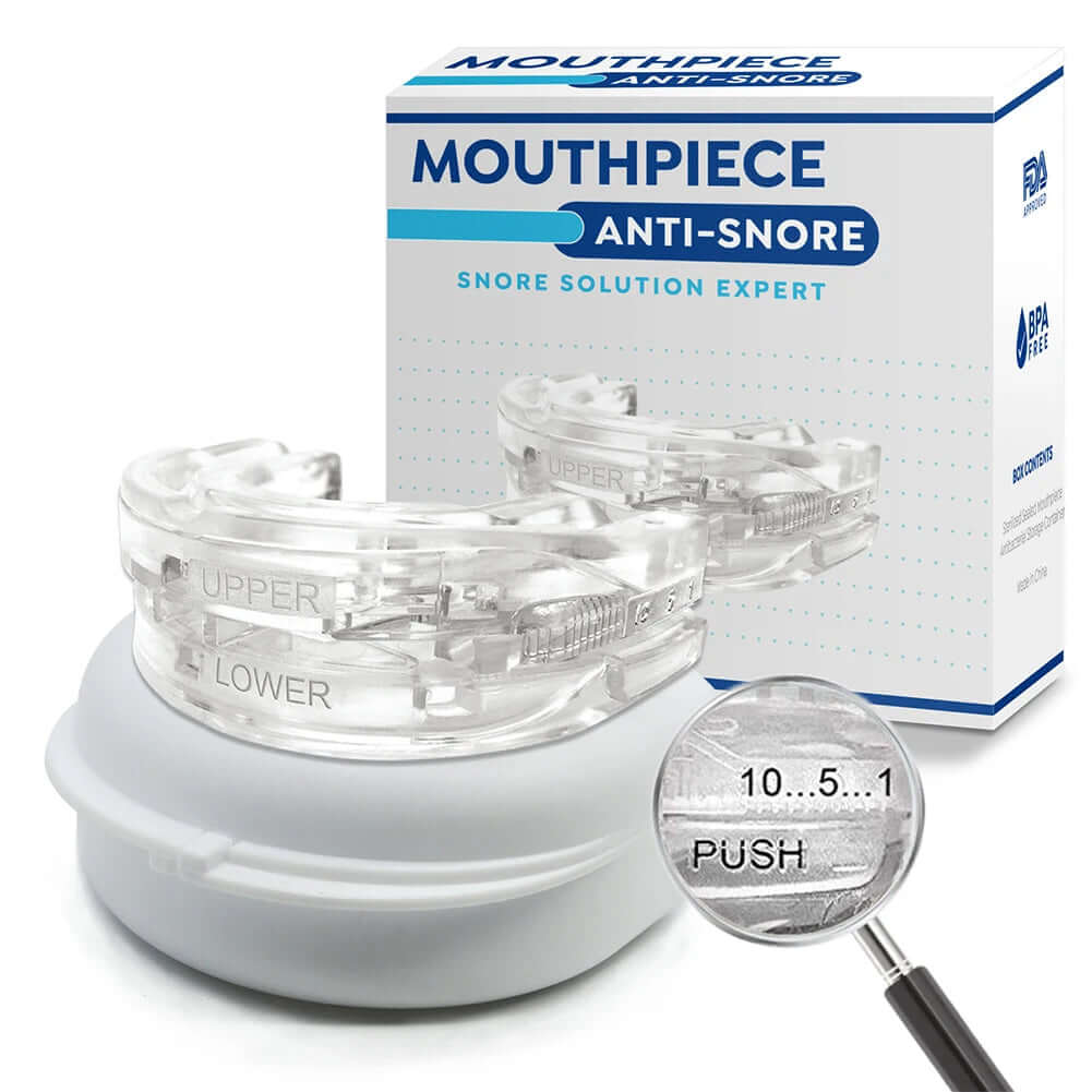 Anti-snoring mouth guard for better sleep, designed to reduce snoring by gently repositioning the jaw to improve airflow and prevent discomfort during the night.