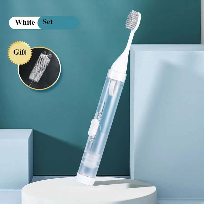 Portable 3-in-1 toothbrush for on-the-go oral care, combining a toothbrush, toothpaste dispenser, and storage in one compact design for convenience and hygiene.