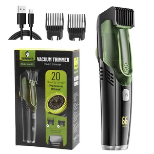 Vacuum beard trimmer for a clean, mess-free grooming experience, designed to trim facial hair with precision while capturing hair clippings in the built-in vacuum system.