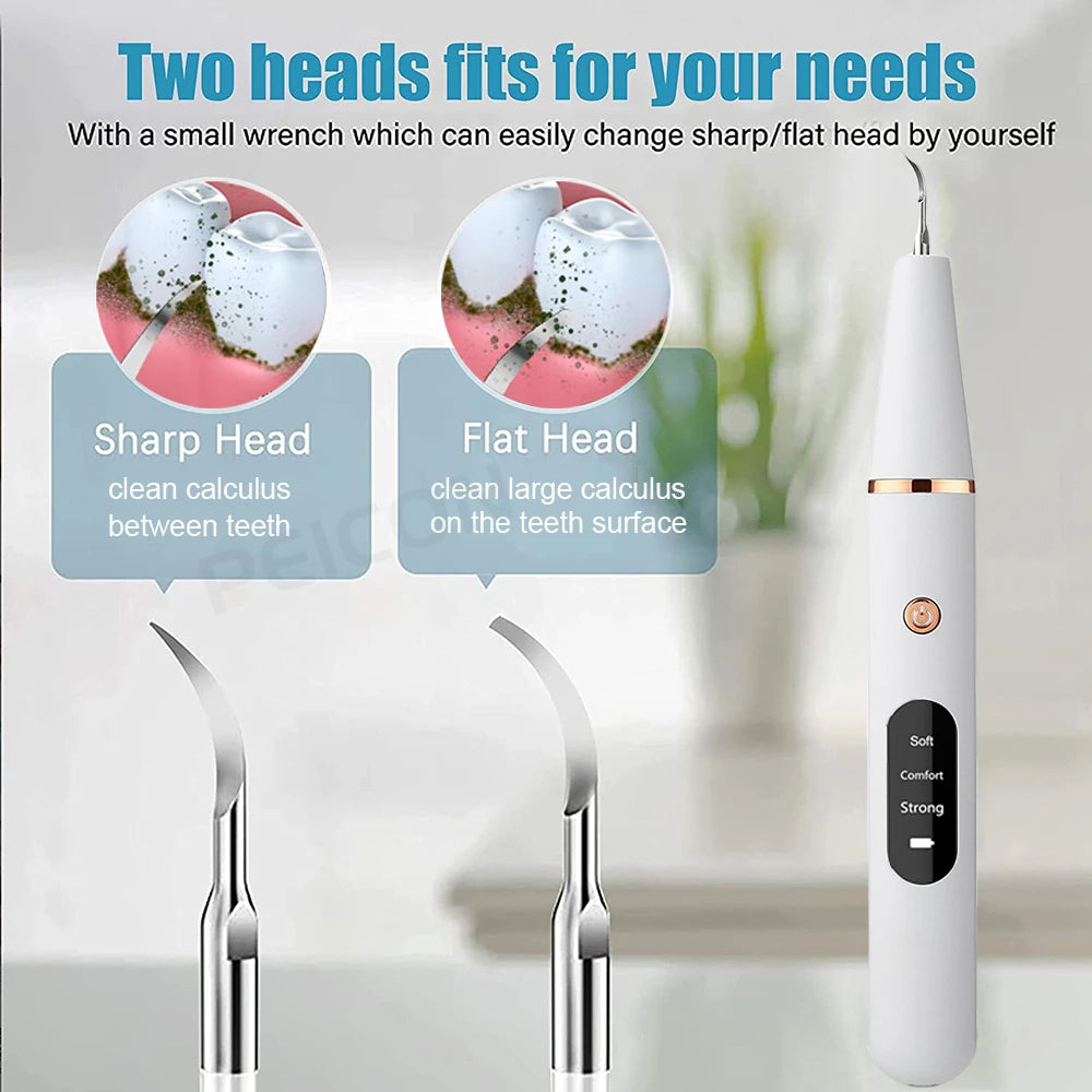 Ultrasonic dental teeth plaque remover and cleaner for a professional clean, designed to remove plaque, tartar, and stains while promoting healthier teeth and gums.