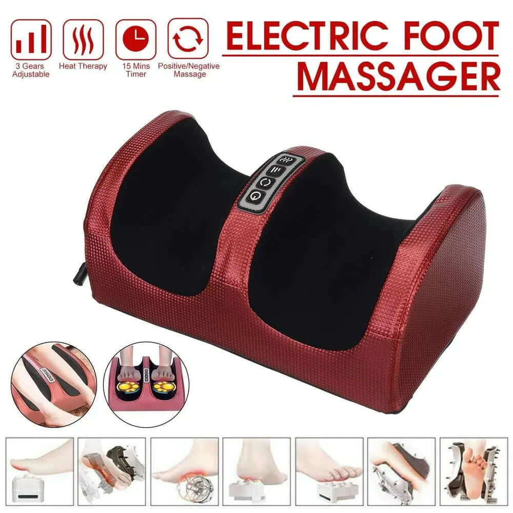 Electric kneading foot massager for deep relaxation, designed to soothe tired feet with kneading massage, heat therapy, and adjustable settings for a personalised experience.