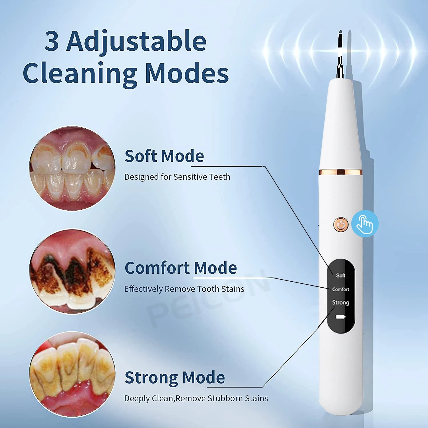 Ultrasonic dental teeth plaque remover and cleaner for a professional clean, designed to remove plaque, tartar, and stains while promoting healthier teeth and gums.