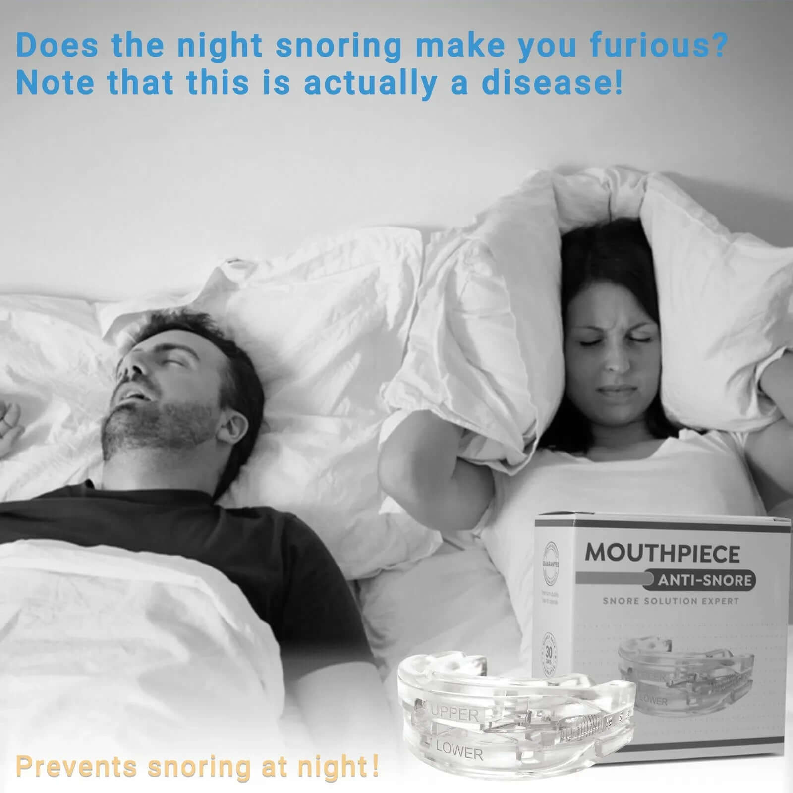 Anti-snoring mouth guard for better sleep, designed to reduce snoring by gently repositioning the jaw to improve airflow and prevent discomfort during the night.