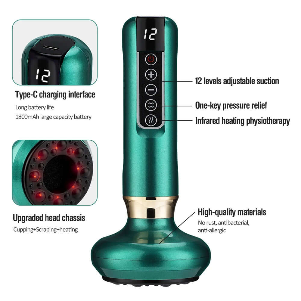 Intelligent infrared cupping massager for targeted muscle relief, combining infrared heat therapy with cupping to promote relaxation, improve circulation, and reduce tension.