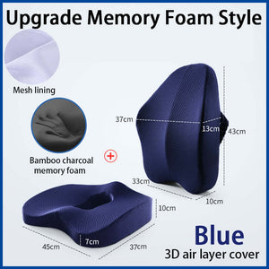 Memory foam seat cushion with back support, designed to improve posture, relieve pressure, and provide all-day comfort for sitting at home, work, or in the car.