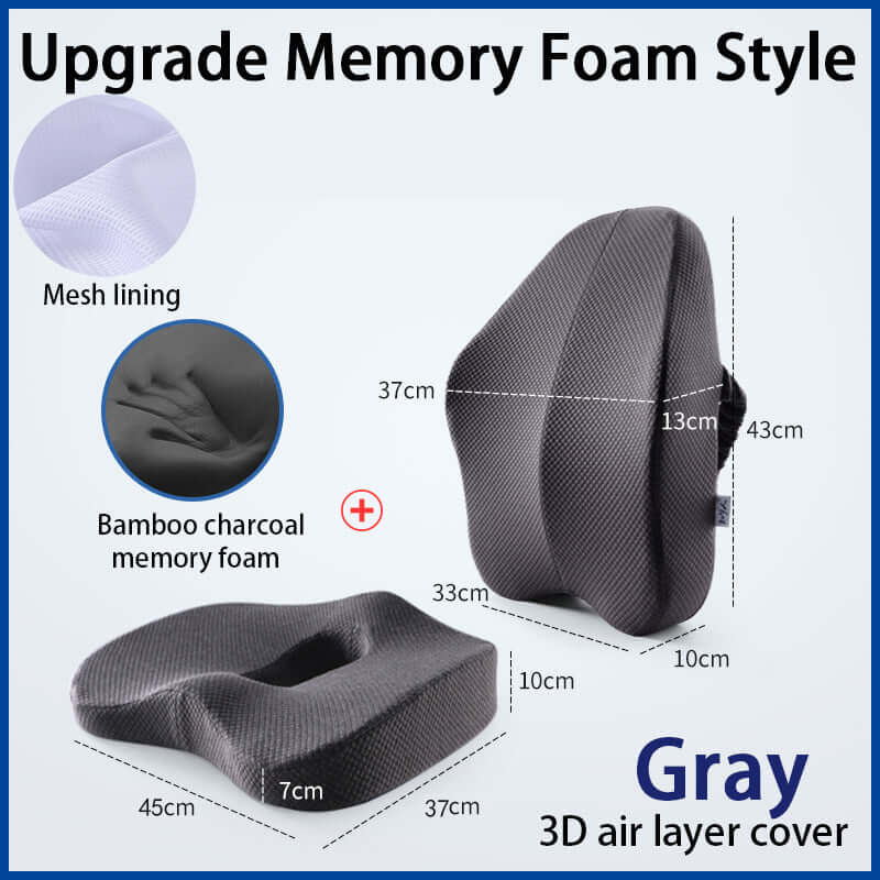 Memory foam seat cushion with back support, designed to improve posture, relieve pressure, and provide all-day comfort for sitting at home, work, or in the car.