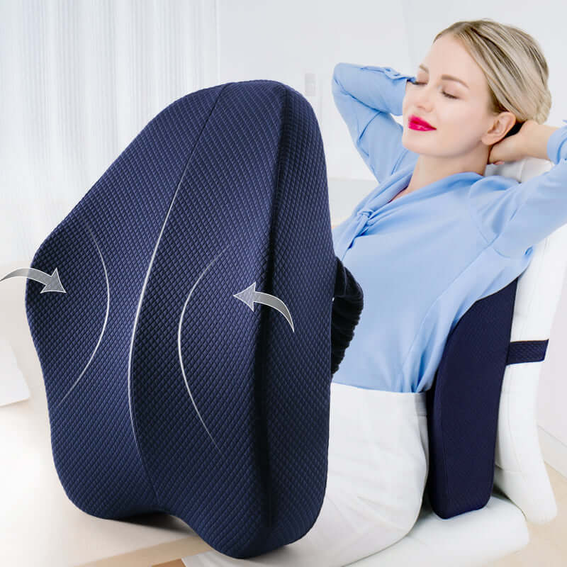 Memory foam seat cushion with back support, designed to improve posture, relieve pressure, and provide all-day comfort for sitting at home, work, or in the car.