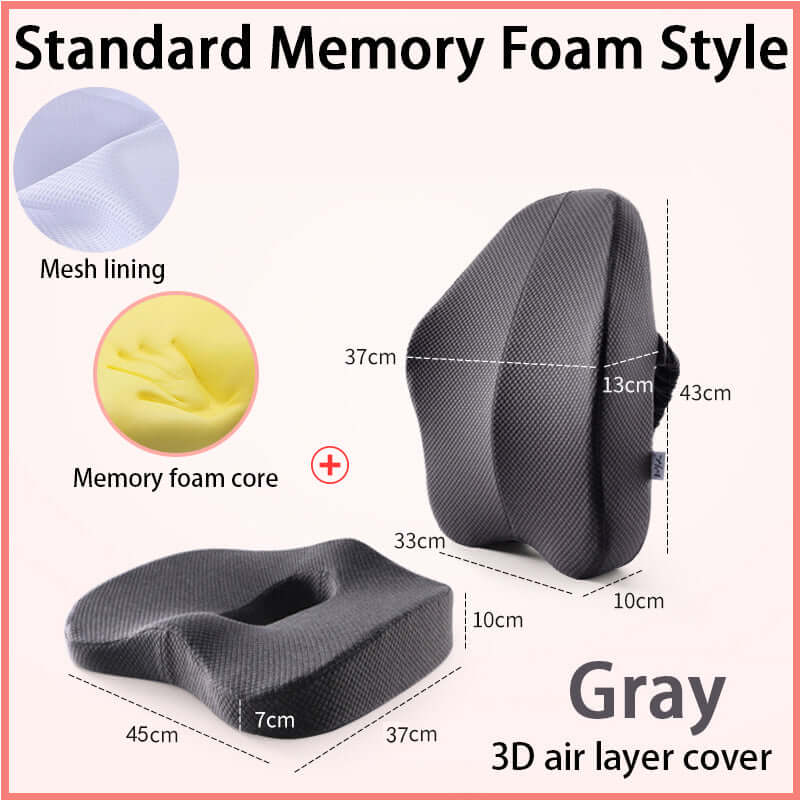 Memory foam seat cushion with back support, designed to improve posture, relieve pressure, and provide all-day comfort for sitting at home, work, or in the car.