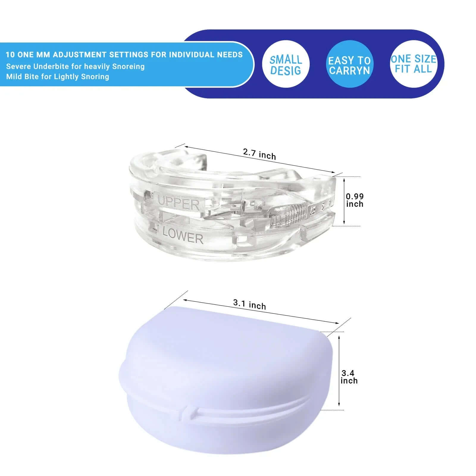 Anti-snoring mouth guard for better sleep, designed to reduce snoring by gently repositioning the jaw to improve airflow and prevent discomfort during the night.