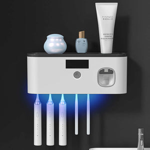 Wall-mounted toothbrush storage with UV sanitisation, designed to keep toothbrushes organised and germ-free by using ultraviolet light to eliminate bacteria and viruses.