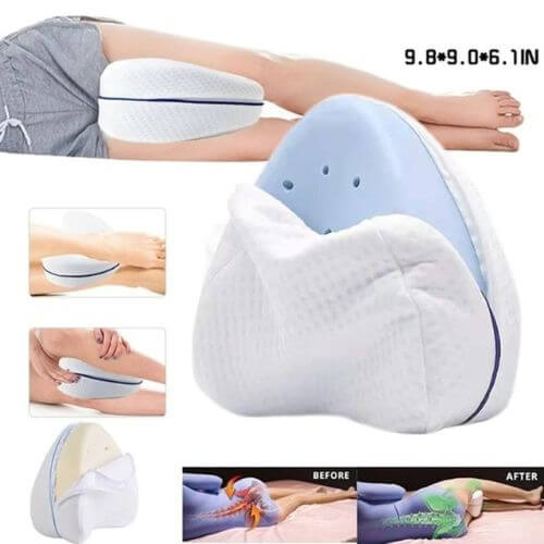 Knee pillow for side sleepers, designed to align the spine and relieve pressure on the hips and knees, ensuring a more comfortable and restful night's sleep.