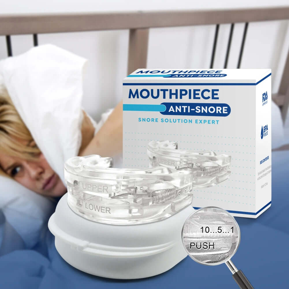 Anti-snoring mouth guard for better sleep, designed to reduce snoring by gently repositioning the jaw to improve airflow and prevent discomfort during the night.