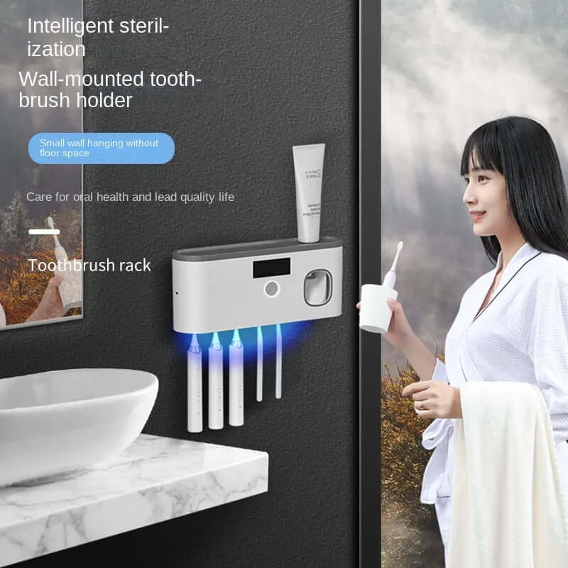 Wall-mounted toothbrush storage with UV sanitisation, designed to keep toothbrushes organised and germ-free by using ultraviolet light to eliminate bacteria and viruses.