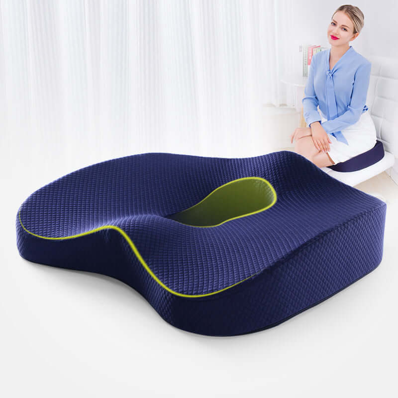 Memory foam seat cushion with back support, designed to improve posture, relieve pressure, and provide all-day comfort for sitting at home, work, or in the car.