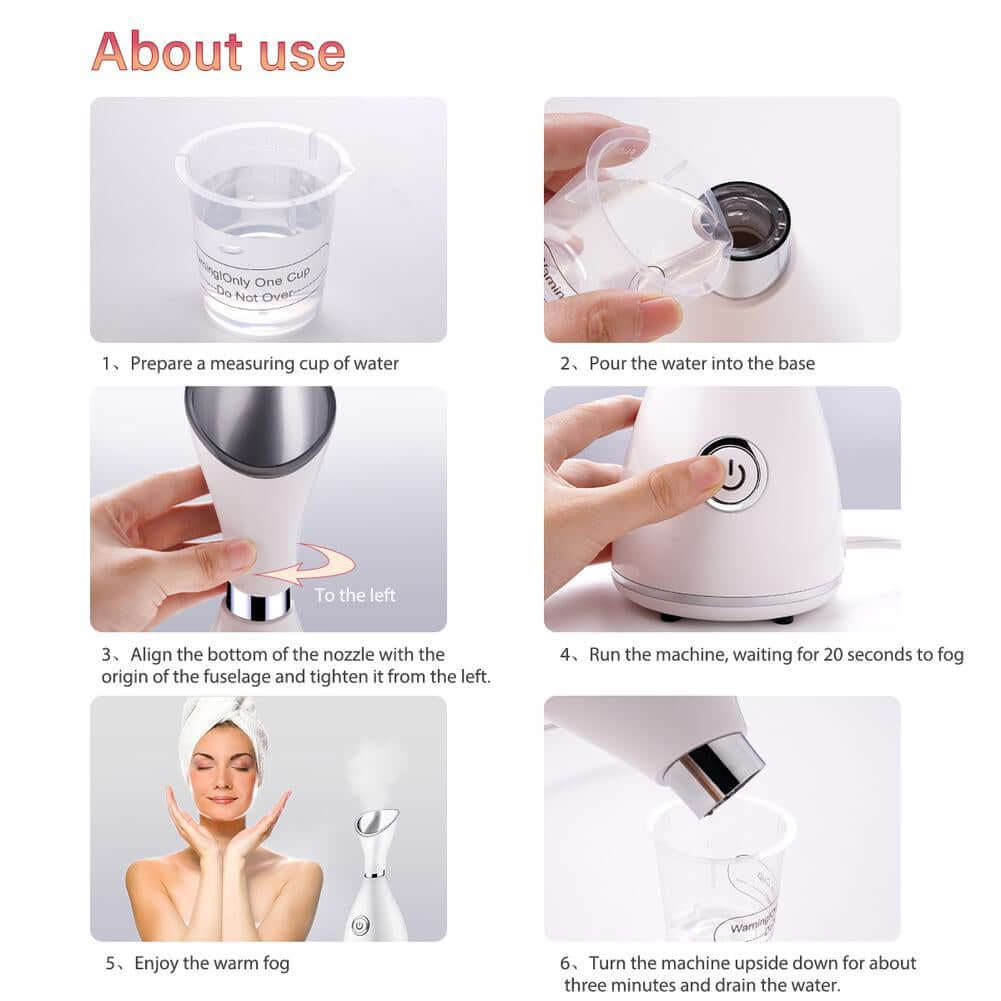 Portable facial steamer for deep cleansing and hydration, designed to open pores, promote circulation, and enhance your skincare routine wherever you go.