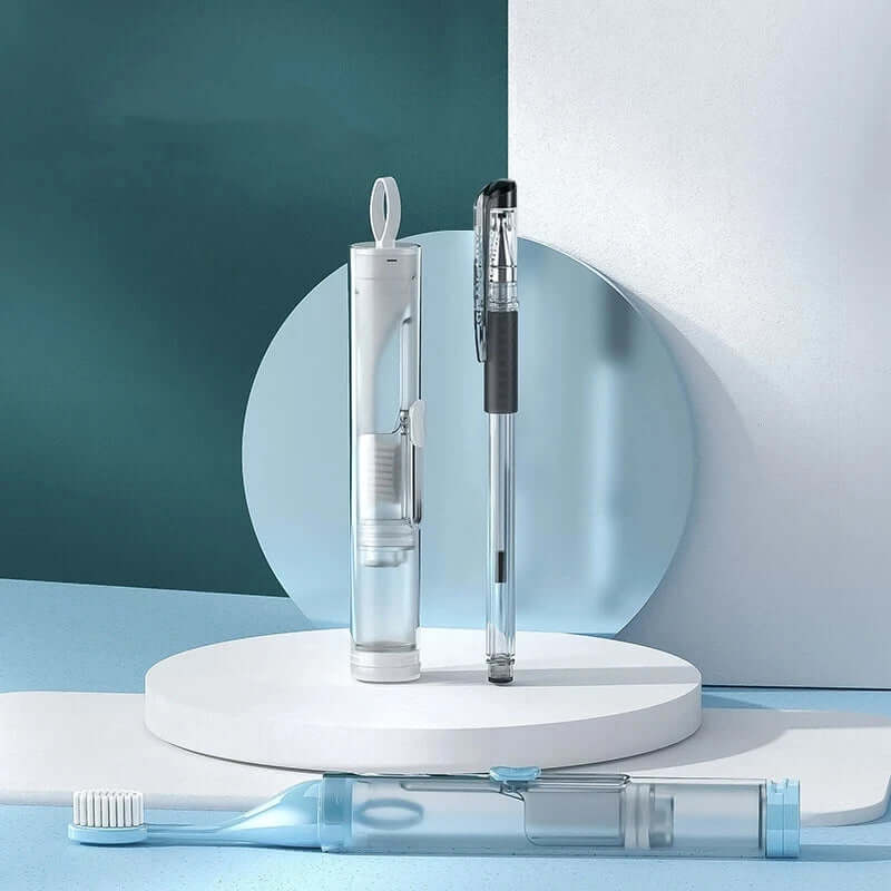 Portable 3-in-1 toothbrush for on-the-go oral care, combining a toothbrush, toothpaste dispenser, and storage in one compact design for convenience and hygiene.