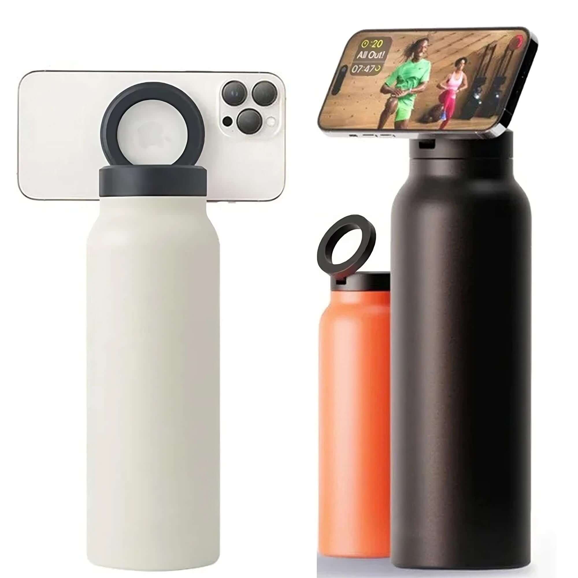 Water bottle with MagSafe phone holder, designed to keep your device securely attached while you stay hydrated, offering convenience and hands-free use during activities.