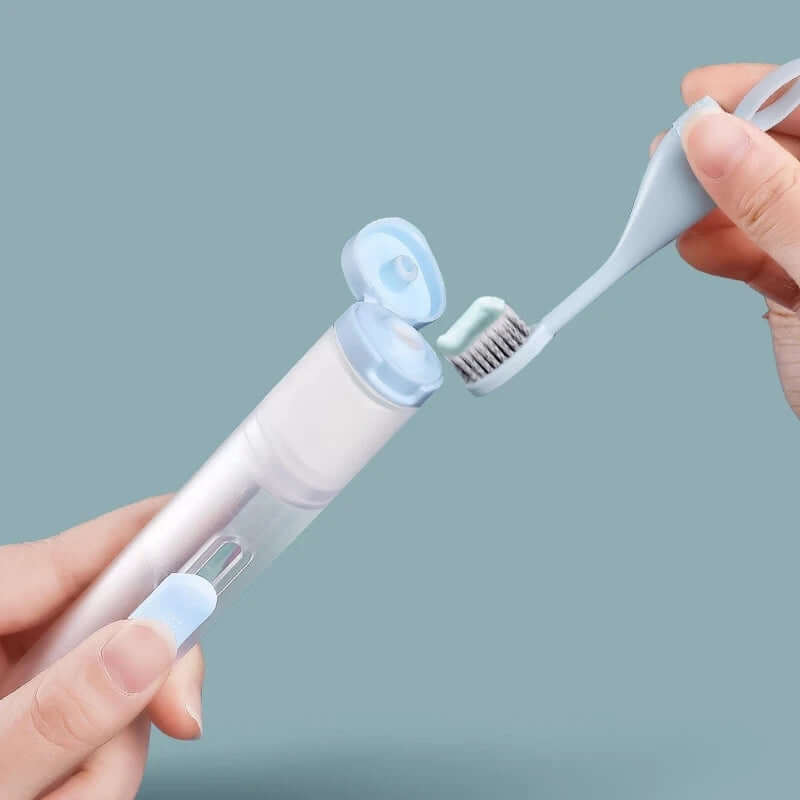 Portable 3-in-1 toothbrush for on-the-go oral care, combining a toothbrush, toothpaste dispenser, and storage in one compact design for convenience and hygiene.