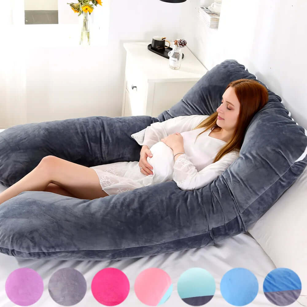 Huge and bendy pillow for pregnant women, 130x70cm, designed to provide full-body support, relieve pressure, and ensure comfort during sleep and rest throughout pregnancy.