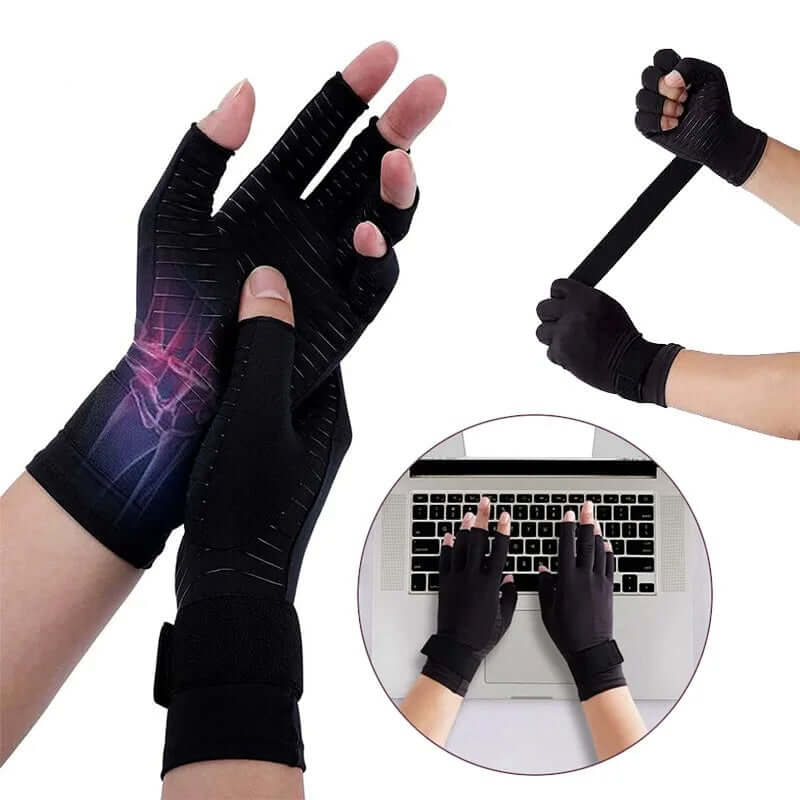 1 pair of copper arthritis compression gloves for pain relief, designed to provide support, reduce swelling, and improve circulation in hands affected by arthritis.