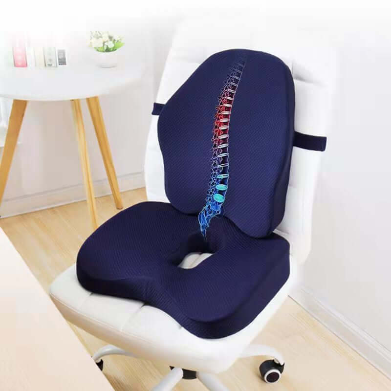 Memory foam seat cushion with back support, designed to improve posture, relieve pressure, and provide all-day comfort for sitting at home, work, or in the car.