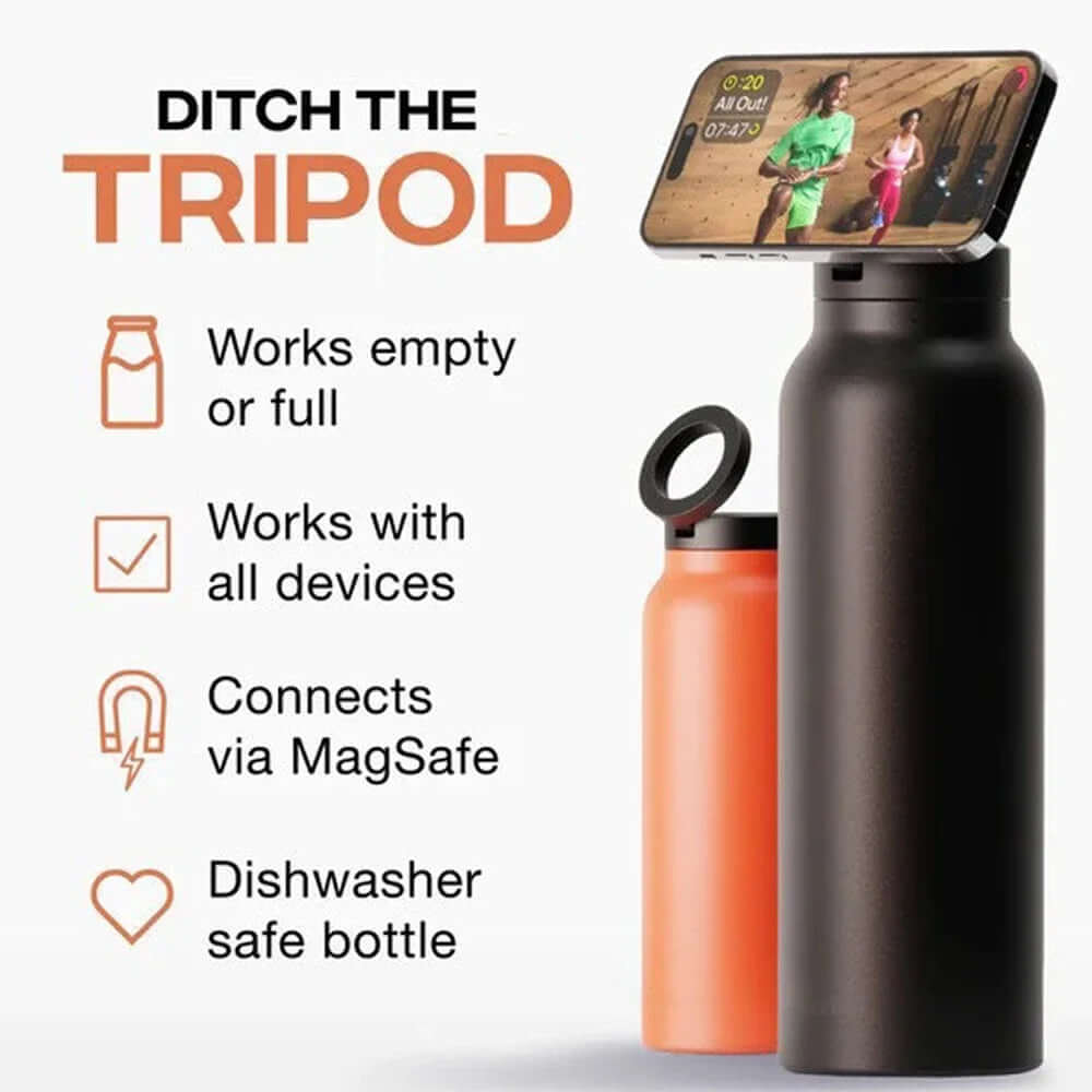 Water bottle with MagSafe phone holder, designed to keep your device securely attached while you stay hydrated, offering convenience and hands-free use during activities.