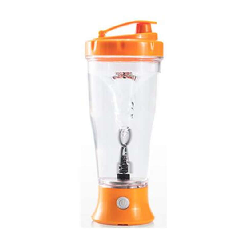 Automatic orange protein shaker bottle with built-in mixer for smooth, clump-free shakes