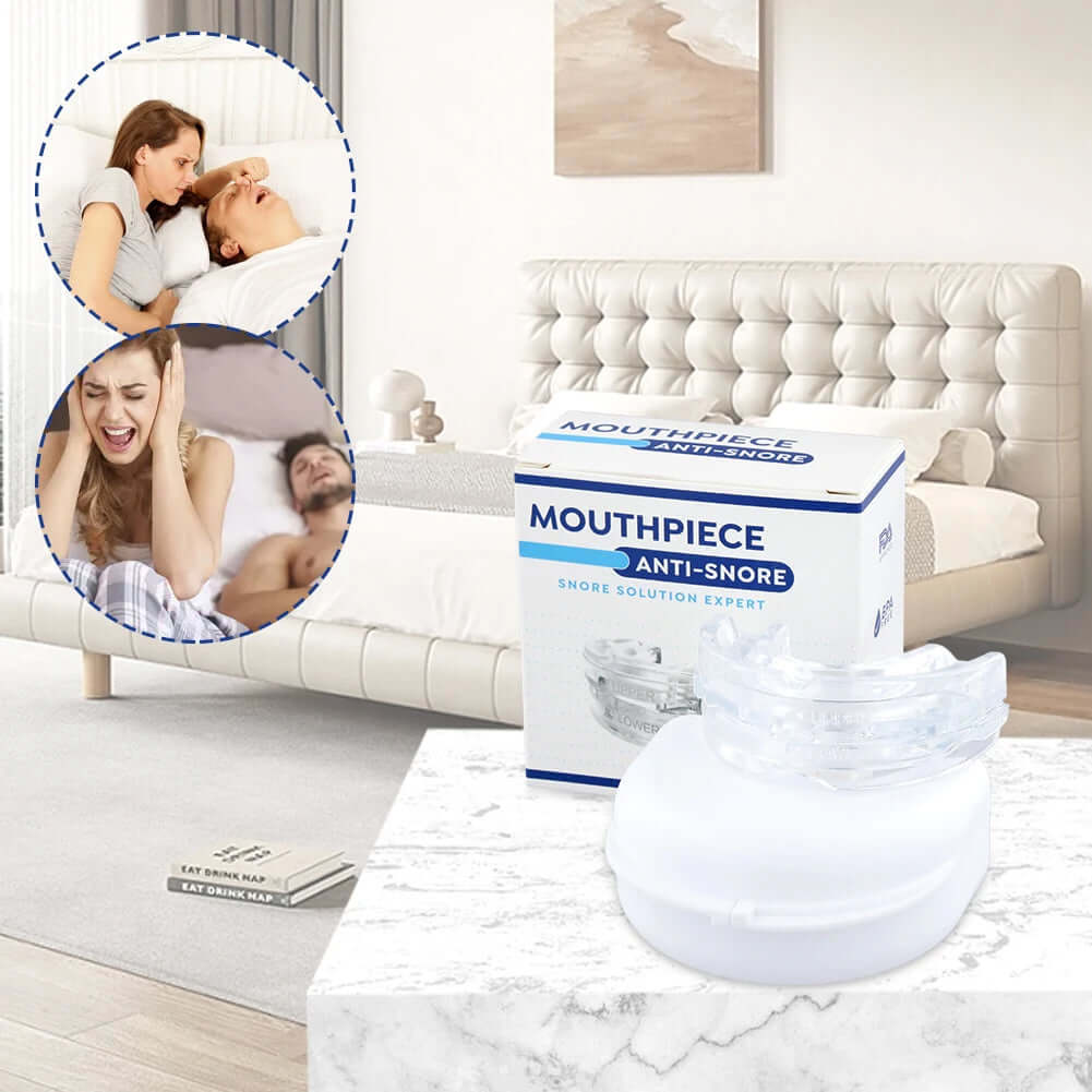 Anti-snoring mouth guard for better sleep, designed to reduce snoring by gently repositioning the jaw to improve airflow and prevent discomfort during the night.