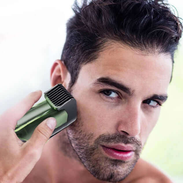 Vacuum beard trimmer for a clean, mess-free grooming experience, designed to trim facial hair with precision while capturing hair clippings in the built-in vacuum system.