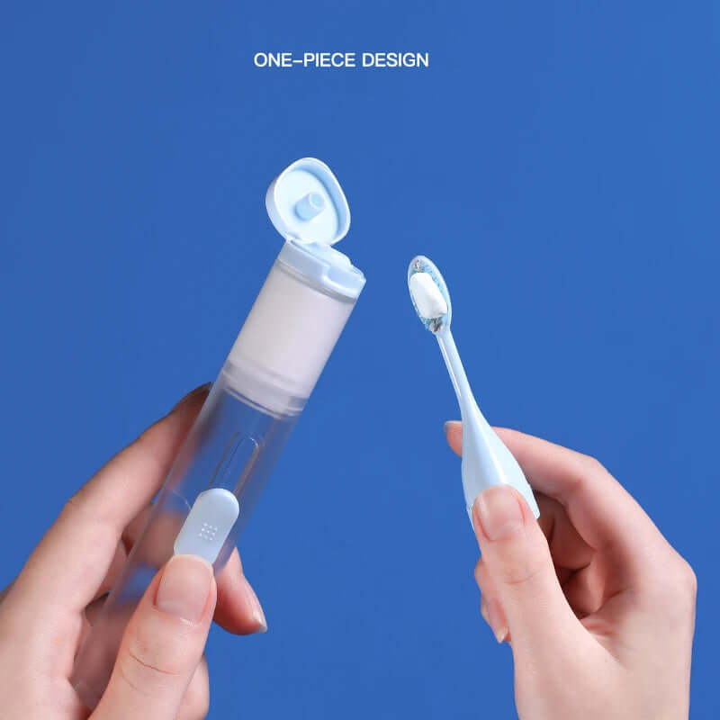 Portable 3-in-1 toothbrush for on-the-go oral care, combining a toothbrush, toothpaste dispenser, and storage in one compact design for convenience and hygiene.