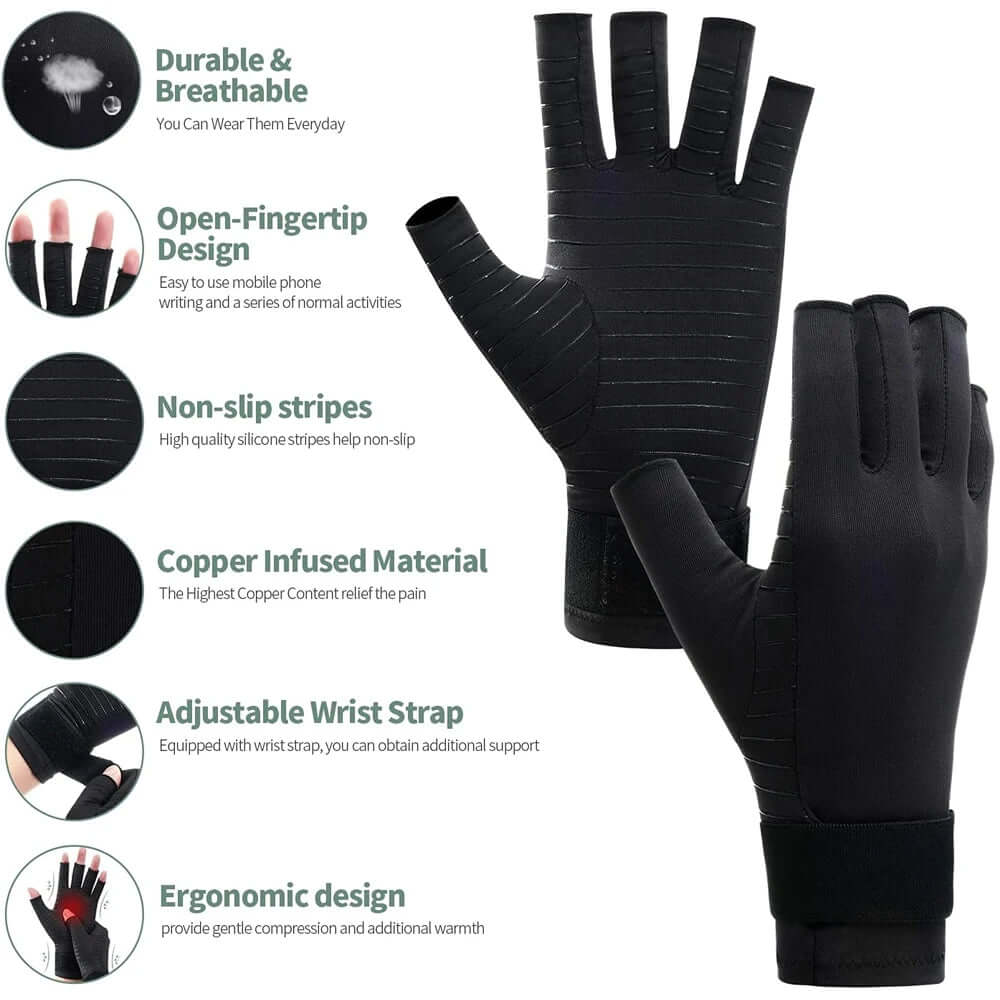 1 pair of copper arthritis compression gloves for pain relief, designed to provide support, reduce swelling, and improve circulation in hands affected by arthritis.