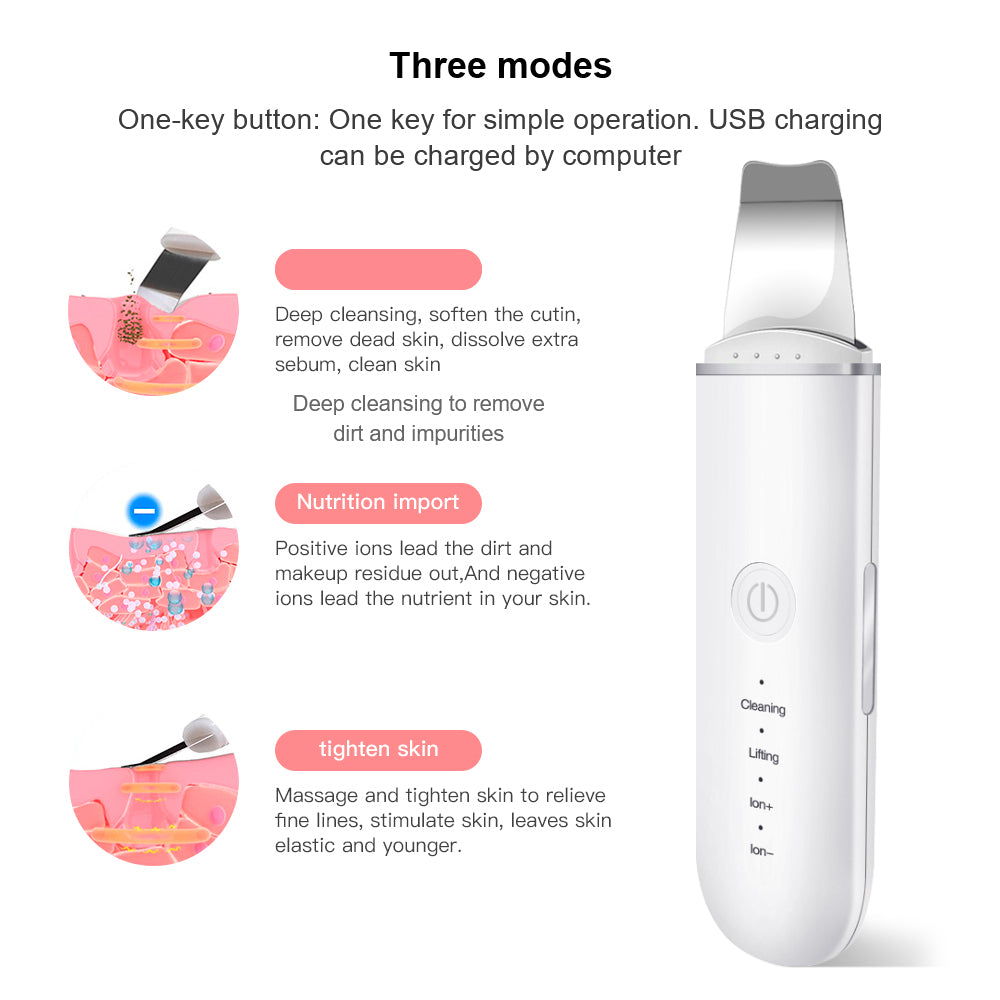 Ultrasonic skin scrubber vibration face blackhead remover for deep cleansing, designed to remove blackheads, dirt, and oil while exfoliating and rejuvenating the skin.