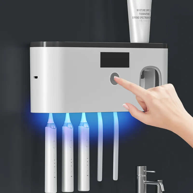 Wall-mounted toothbrush storage with UV sanitisation, designed to keep toothbrushes organised and germ-free by using ultraviolet light to eliminate bacteria and viruses.