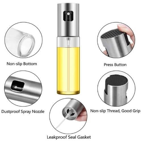 Cooking oil sprayer bottle for precise, even oil distribution, designed to reduce waste and make cooking healthier by controlling the amount of oil used.